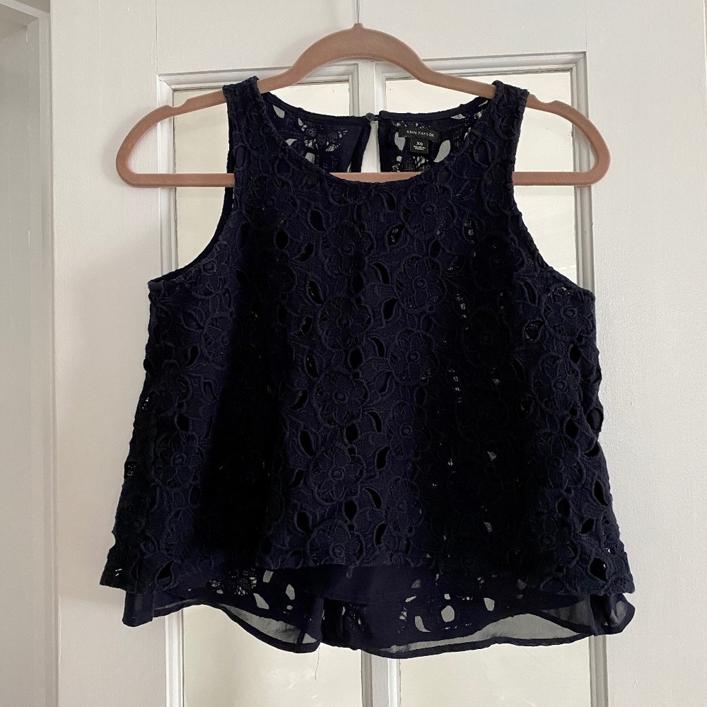 Navy Blue Floral Crochet Lace Layered Sleeveless Crop Top - XS